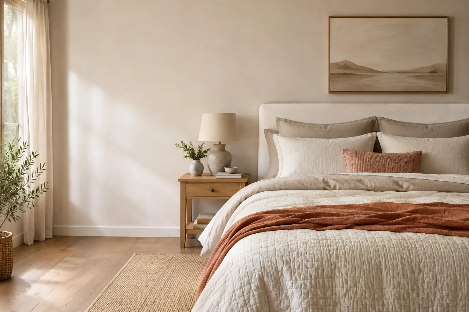 Layered neutral bedding in a bright, comfortable bedroom.